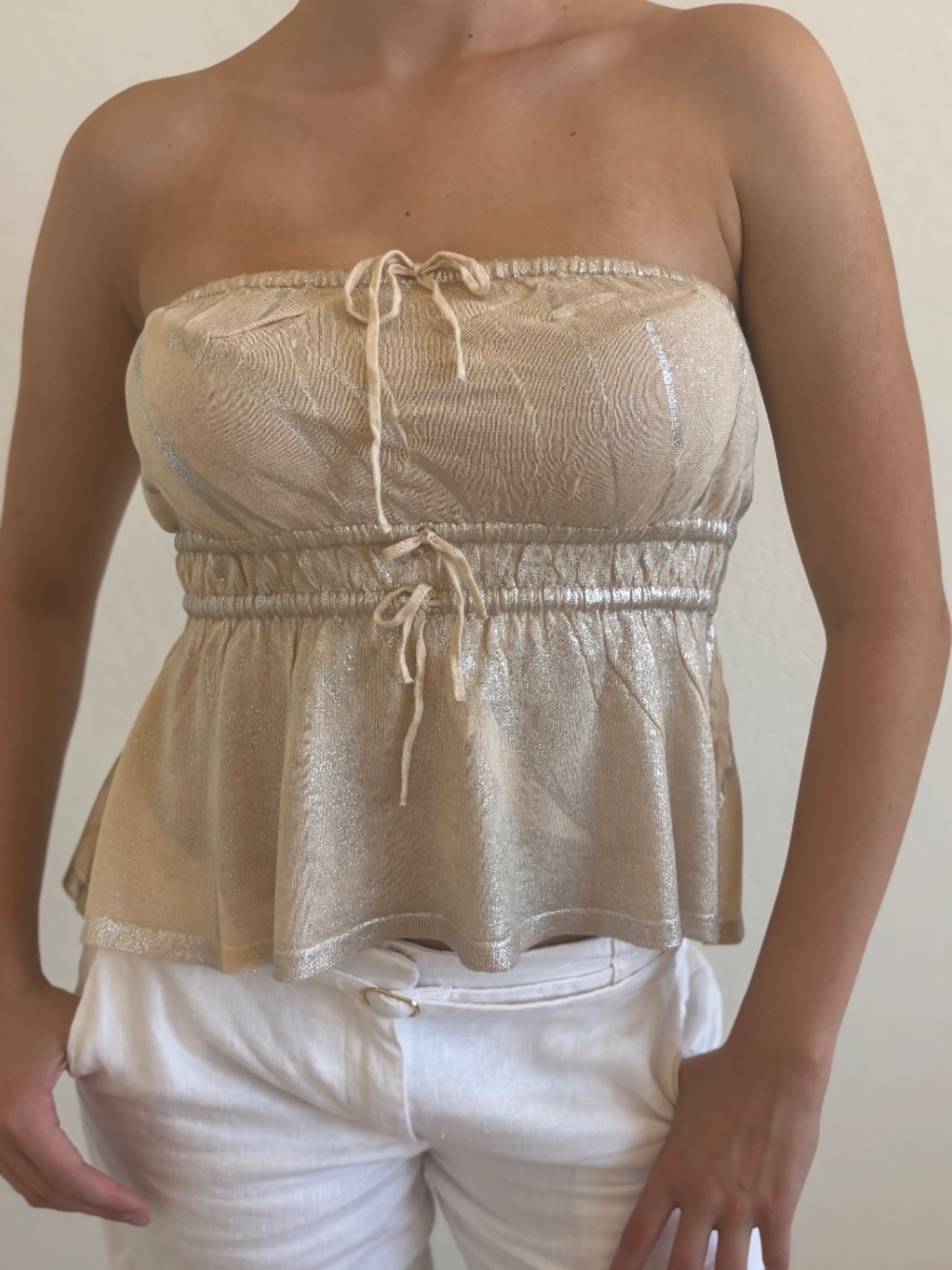 ✨ NWT Anthropologie Metallic Strapless Shirred Babydoll Top ✨ Size Small